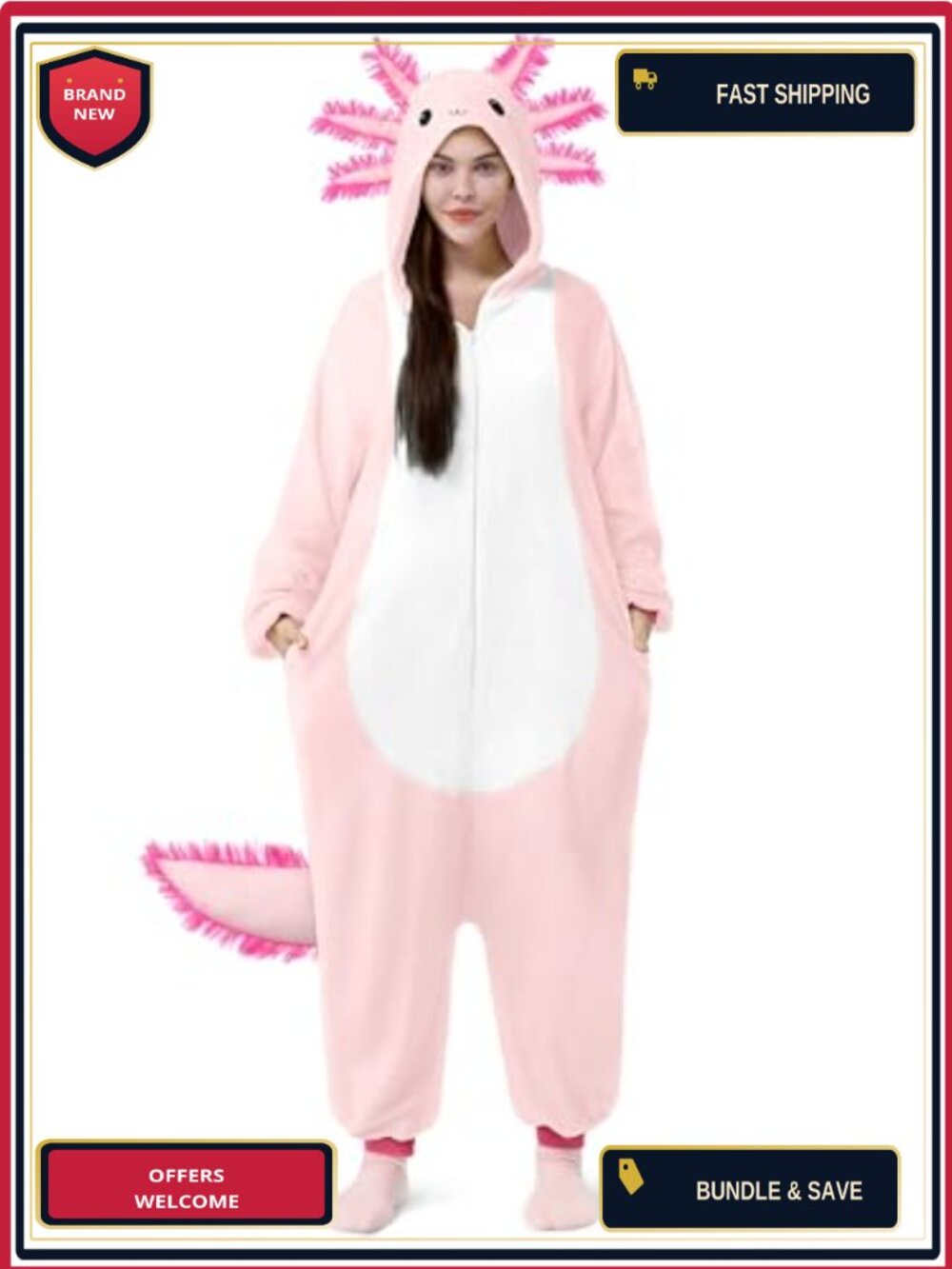 Adult Axolotl Costume Hooded Jumpsuit Zip-Up Cosplay Party